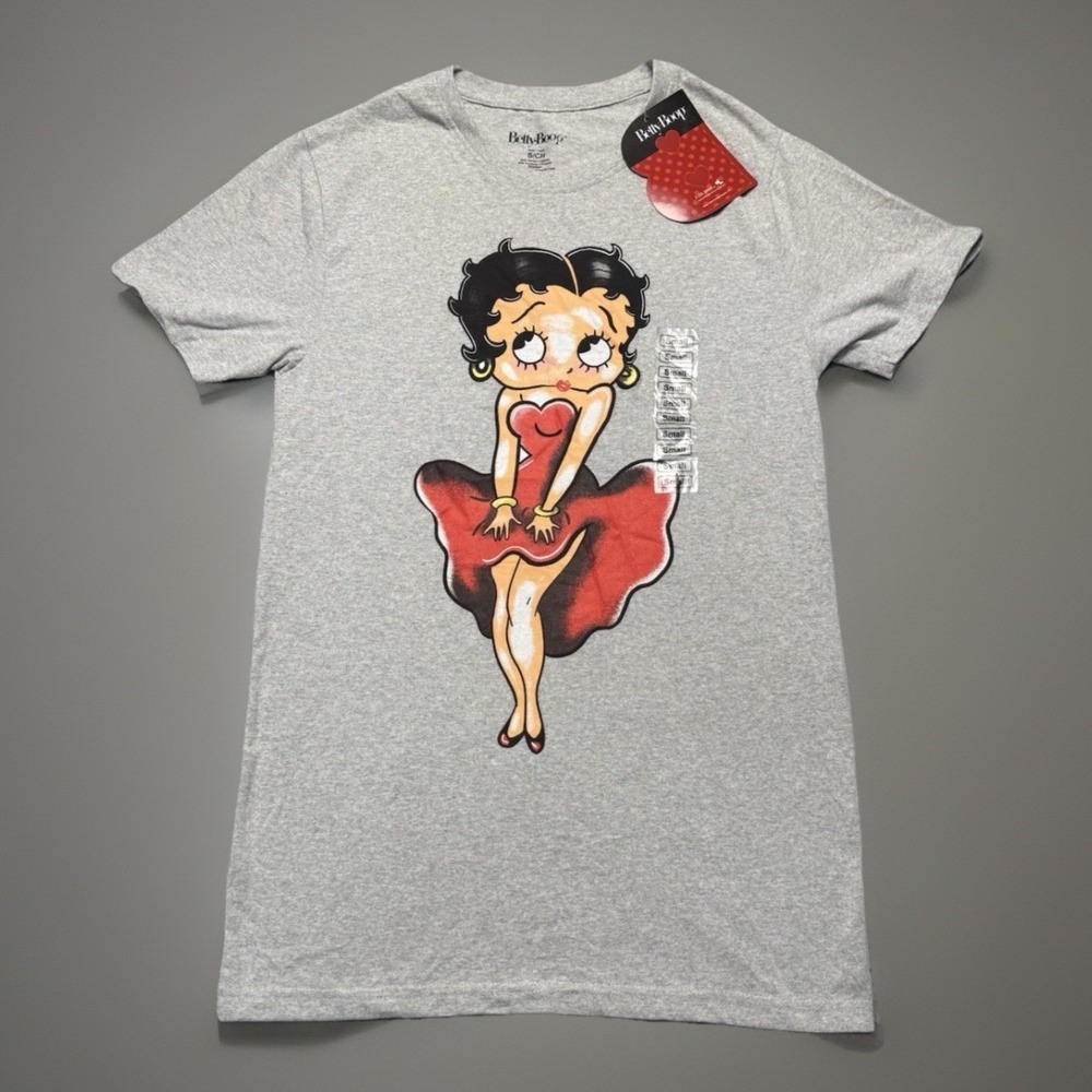 Betty Boop Graphic T-Shirt Womens Small Heather Gray Red Dress Cartoon NWT Tee